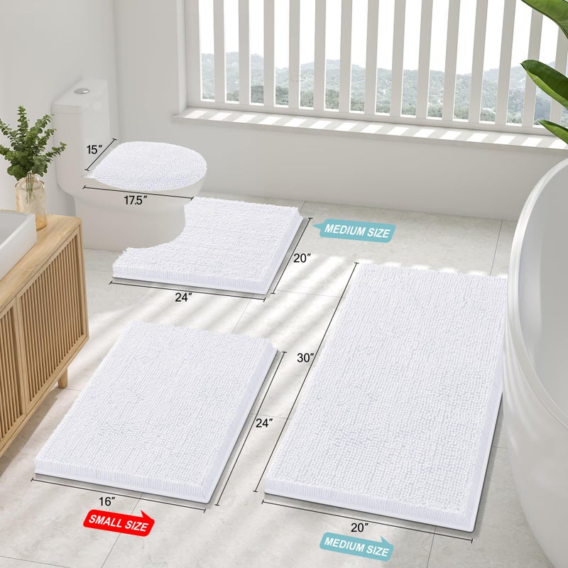 Smiry Bathroom Rugs Set 2 Piece, Soft Absorbent Chenille Bath Mat and U-Shaped Toilet Rug Set, Non Slip Shaggy Bath Carpet for Tub, Shower and Floor (30x20+24x20, White) - Image 2